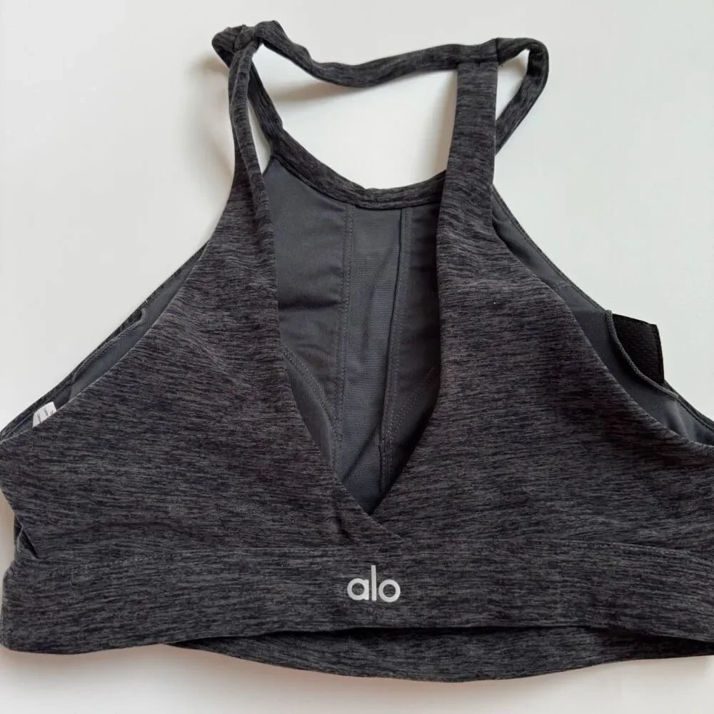 Alo Yoga Sports Bra Size Small Gray Heather Lotus Halter Stretch Comfort Alosoft